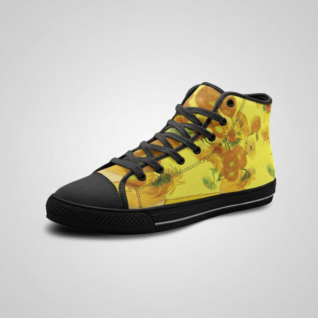 Freaky Shoes® high-top canvas sneakers featuring Vincent Van Gogh Sunflowers art in yellow with black laces and trim