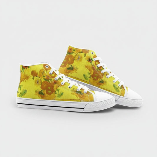 Freaky Shoes® high-top canvas sneakers featuring Vincent Van Gogh Sunflowers art in vibrant yellow and orange tones.