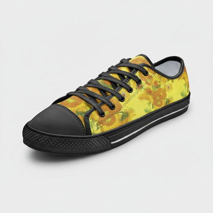 Freaky Shoes® low-top canvas sneakers featuring Vincent Van Gogh Sunflowers art print with black laces and trim