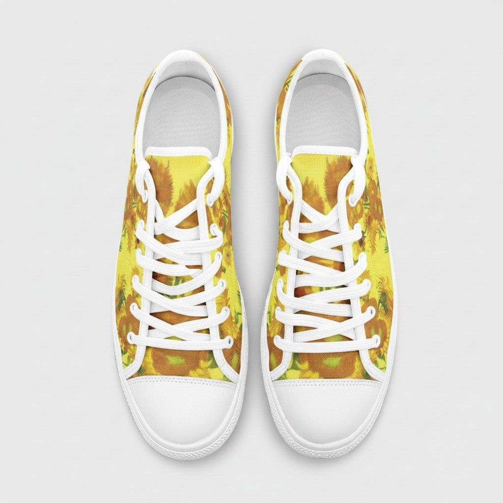 Freaky Shoes® low-top canvas sneakers featuring Vincent Van Gogh Sunflowers art print with white laces and rubber toes