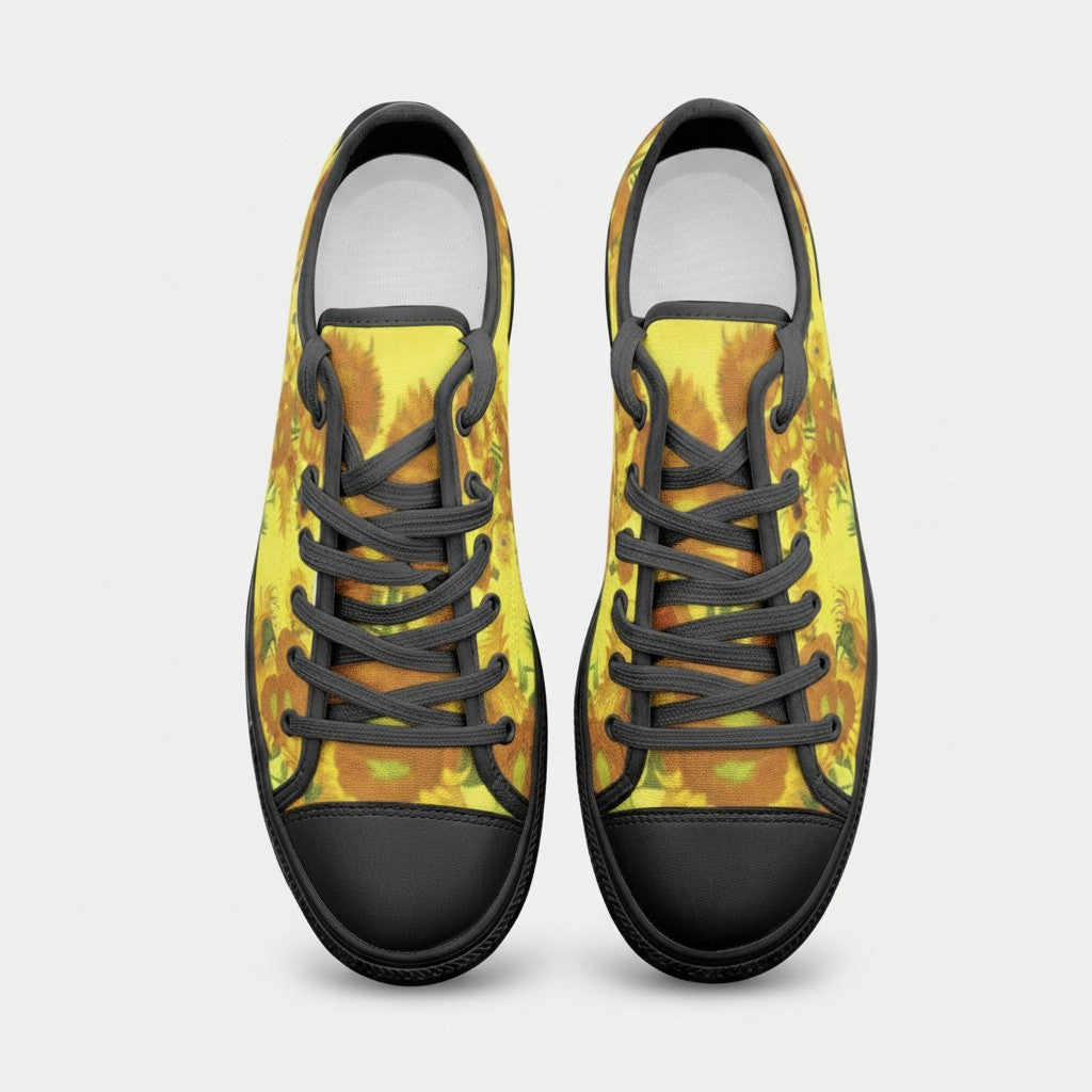 Freaky Shoes® low-top canvas sneakers featuring Vincent Van Gogh Sunflowers art print with black laces and toe caps.