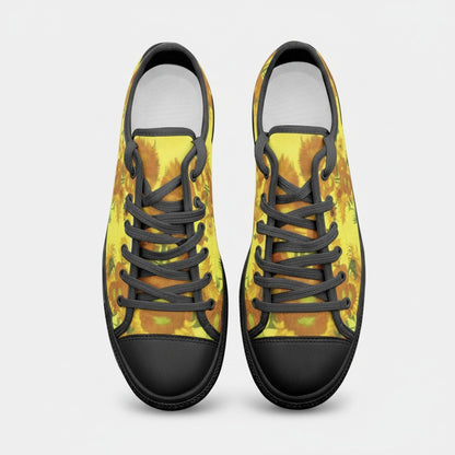 Freaky Shoes® low-top canvas sneakers featuring Vincent Van Gogh Sunflowers art print with black laces and toe caps.