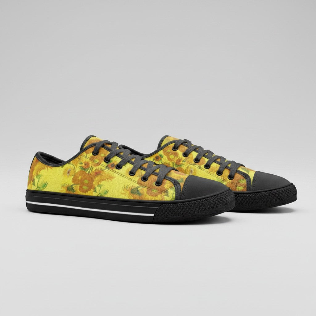 Freaky Shoes® low-top canvas sneakers featuring Vincent Van Gogh Sunflowers art print with black laces and rubber soles.