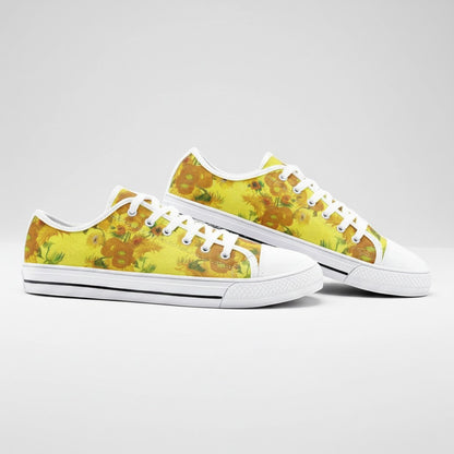 Freaky Shoes® low-top canvas sneakers featuring Vincent Van Gogh Sunflowers art print in vibrant yellow and gold tones.