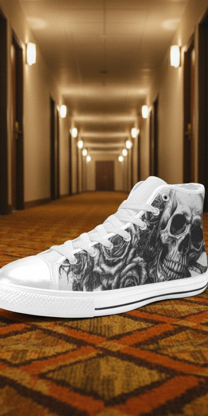 Women's Tattoo Skull Art Dark Gothic custom high-top canvas shoes — wearable art by Freaky Shoes