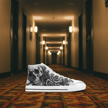 Women's Tattoo Skull Art Dark Gothic hand-made high-top canvas shoes — unique wearable art by Freaky Shoes