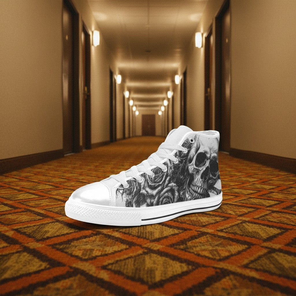 Custom Women's Tattoo Skull Art Dark Gothic high-top canvas shoes with bold all-over art — Freaky Shoes