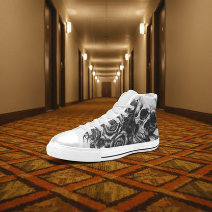 Custom Women's Tattoo Skull Art Dark Gothic high-top canvas shoes with bold all-over art — Freaky Shoes