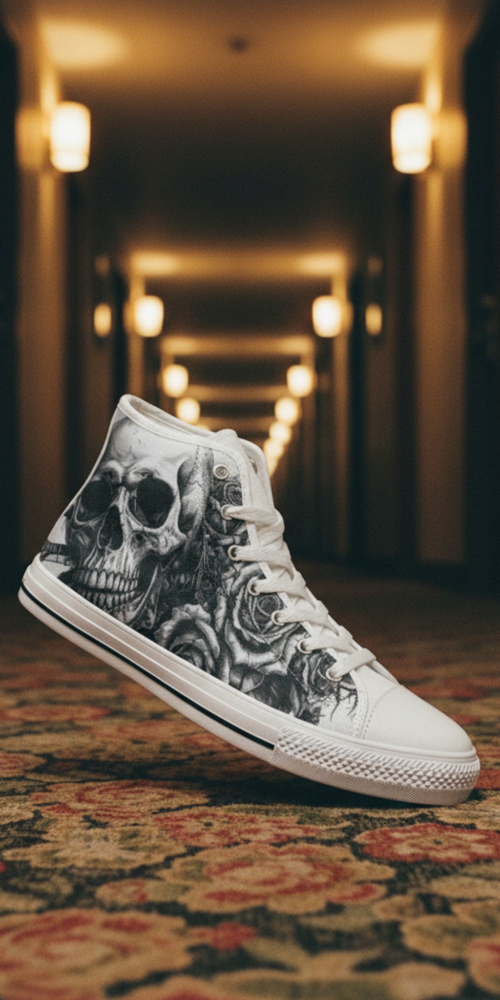 Women's Tattoo Skull Art Dark Gothic custom high-top canvas shoes — wearable art by Freaky Shoes