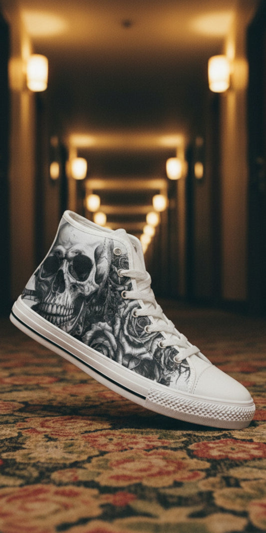Freaky Shoes® high top canvas sneakers featuring a black and white gothic tattoo skull and rose art design.