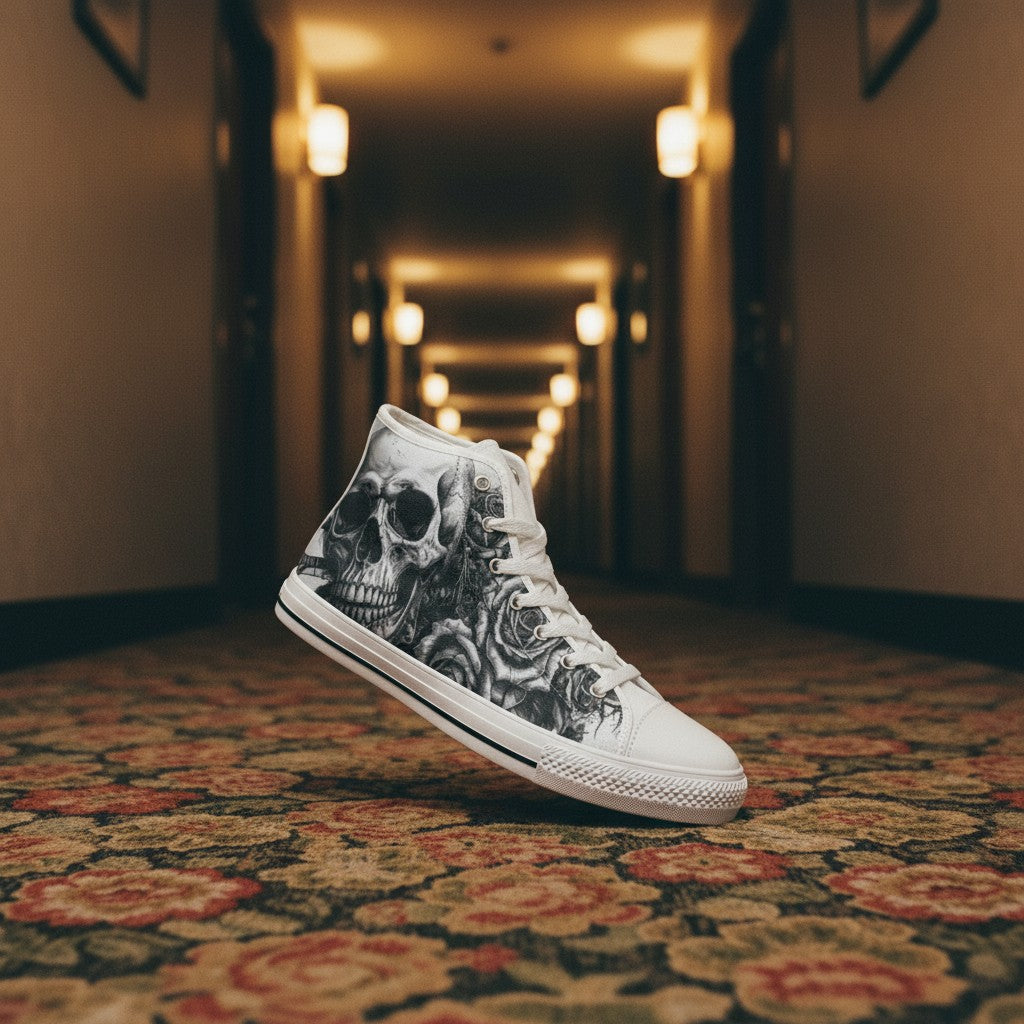 Custom Women's Tattoo Skull Art Dark Gothic high-top canvas shoes with bold all-over art — Freaky Shoes