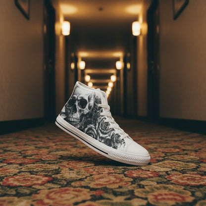 Custom Women's Tattoo Skull Art Dark Gothic high-top canvas shoes with bold all-over art — Freaky Shoes