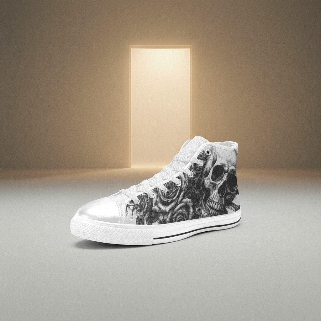 Women's Tattoo Skull Art Dark Gothic high-top canvas shoes, custom full-wrap printed design — Freaky Shoes