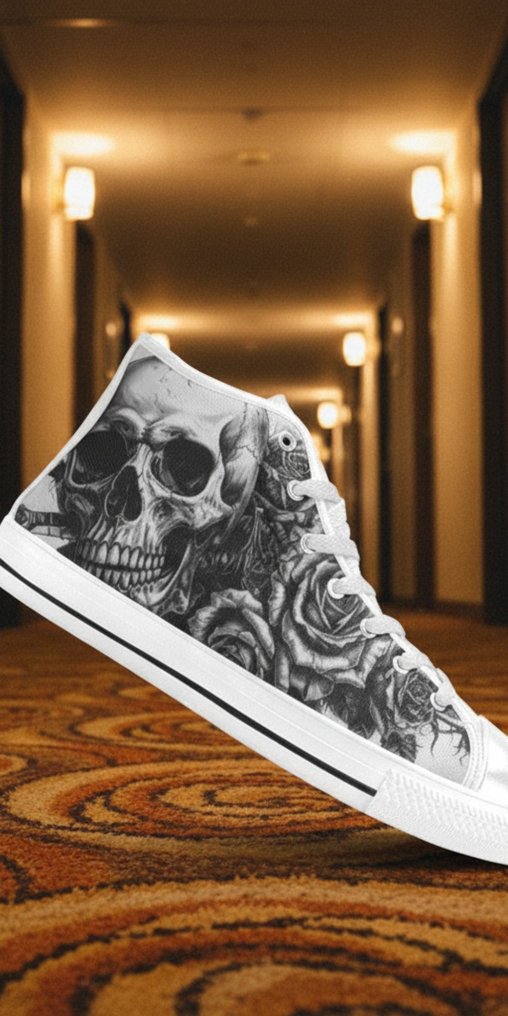Women's Tattoo Skull Art Dark Gothic hand-made high-top canvas shoes — unique wearable art by Freaky Shoes