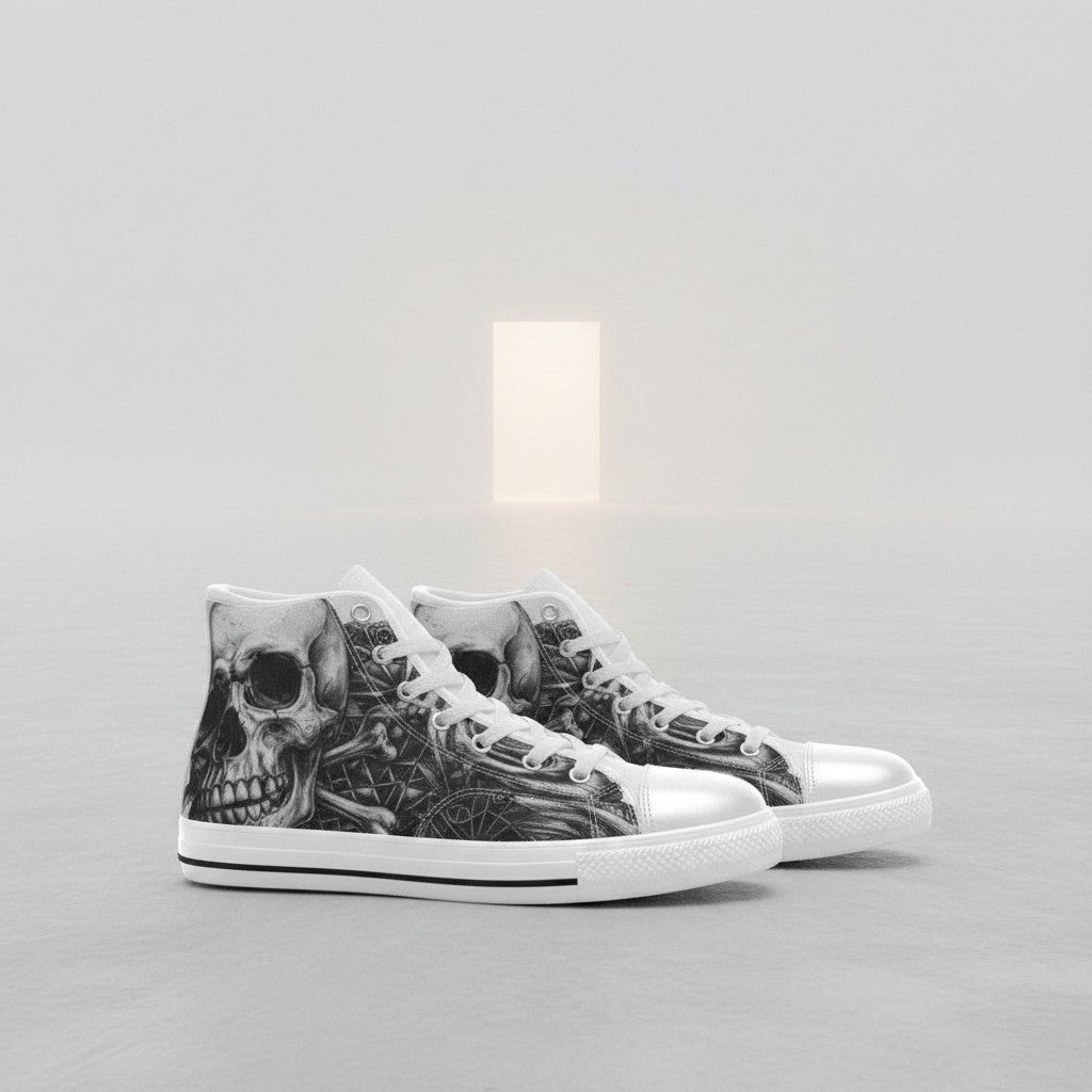 Women's Tattoo Skull Art Dark Gothic custom high-top canvas shoes — wearable art by Freaky Shoes