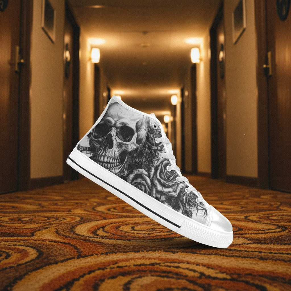 Women's Tattoo Skull Art Dark Gothic custom high-top canvas shoes — wearable art by Freaky Shoes