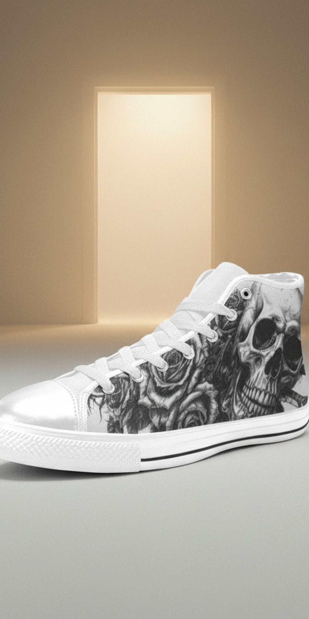 Women's Tattoo Skull Art Dark Gothic high-top canvas shoes — one-of-a-kind custom printed art, Freaky Shoes