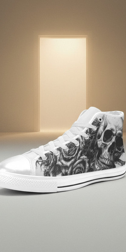 Women's Tattoo Skull Art Dark Gothic high-top canvas shoes — one-of-a-kind custom printed art, Freaky Shoes
