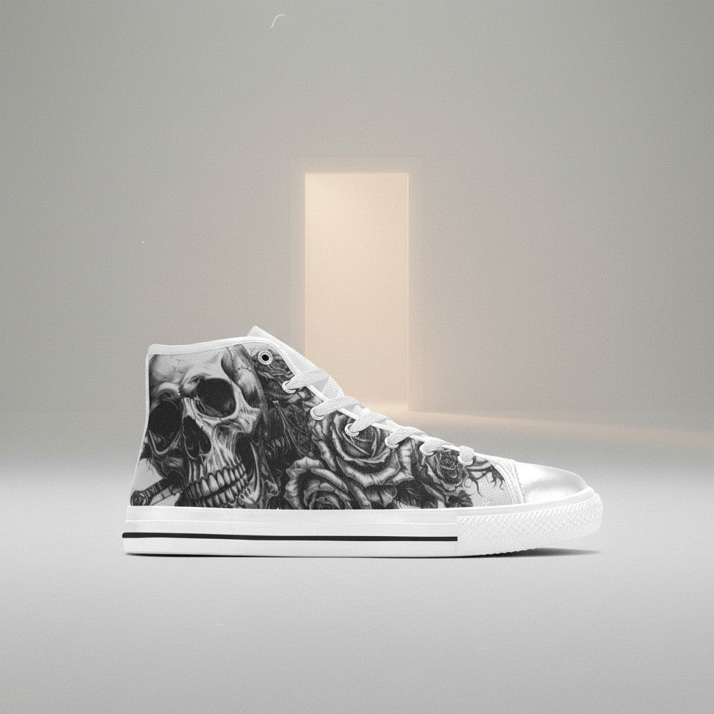 Women's Tattoo Skull Art Dark Gothic high-top canvas shoes — one-of-a-kind custom printed art, Freaky Shoes
