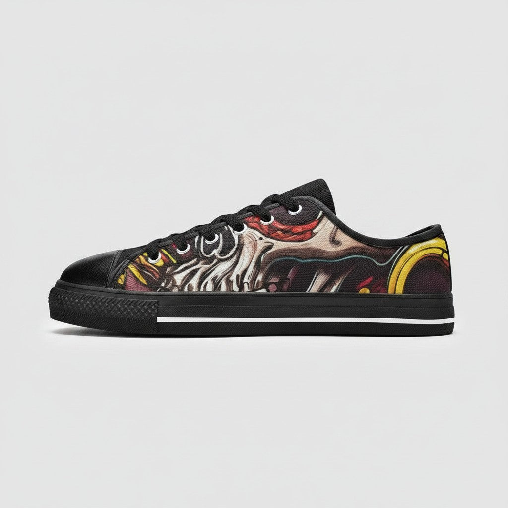 Freaky Shoes® low-top canvas sneakers featuring a vibrant tentacles and skull graphic print on a black base