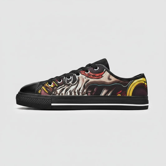 Freaky Shoes® low-top canvas sneakers featuring a vibrant tentacles and skull graphic print on a black base