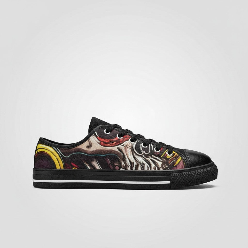 Freaky Shoes® women's low-top canvas sneakers featuring a vibrant tentacles and skull graphic print