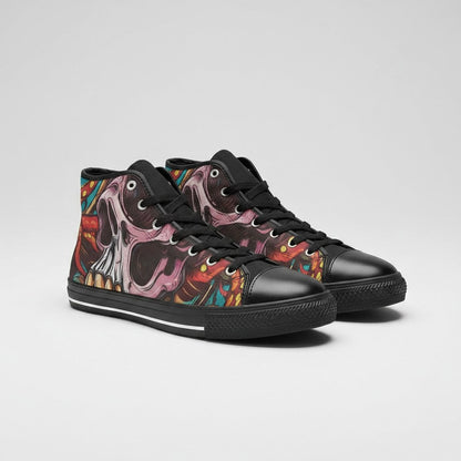 Freaky Shoes® women's high-top canvas sneakers featuring a colorful tentacles and skull graphic print