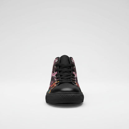 Freaky Shoes® men's high-top canvas sneakers featuring a bold tentacles and skull graphic print in a front view.