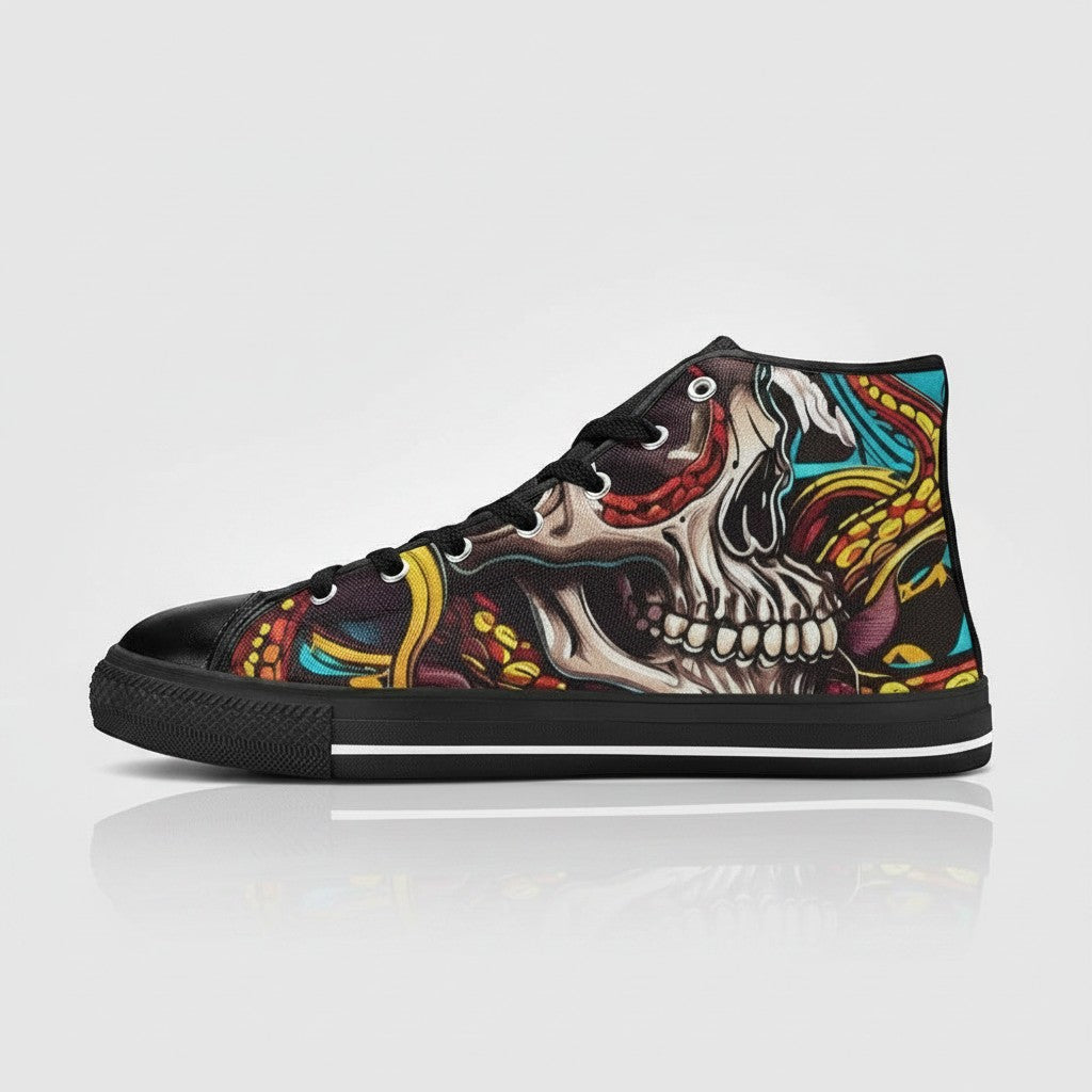 Freaky Shoes® women's high-top canvas sneakers featuring a vibrant, colorful tentacles and skull graphic print.