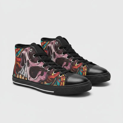 Freaky Shoes® high-top canvas sneakers featuring a vibrant tentacles and skull graphic print on a black background.