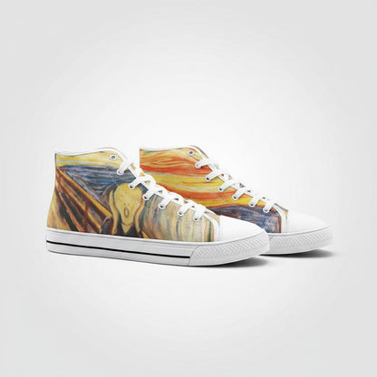 Freaky Shoes® high-top canvas sneakers featuring Edvard Munch's The Scream painting with white laces and rubber soles.