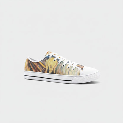 Freaky Shoes® low-top canvas sneakers featuring Edvard Munch's The Scream painting in vivid colors.
