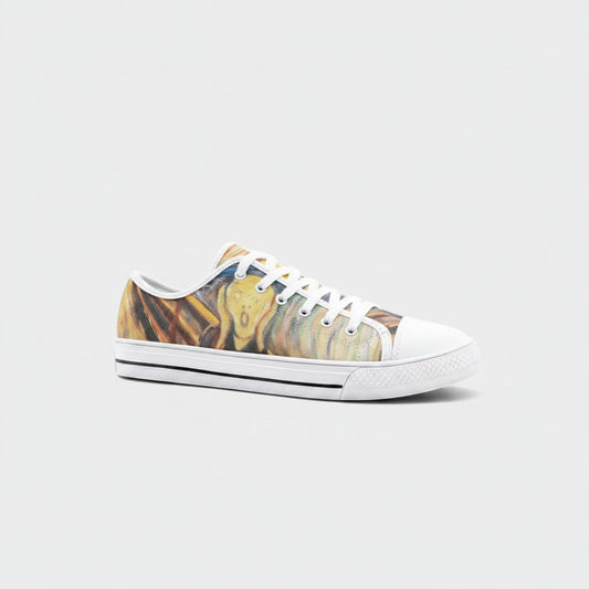 Freaky Shoes® low-top canvas sneakers featuring Edvard Munch's The Scream painting in vivid colors.