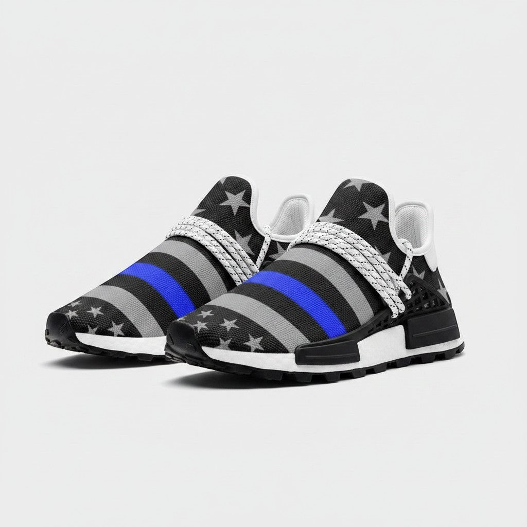 Freaky Shoes® high-top canvas sneakers featuring a Thin Blue Line flag design with stars and a bold blue stripe.