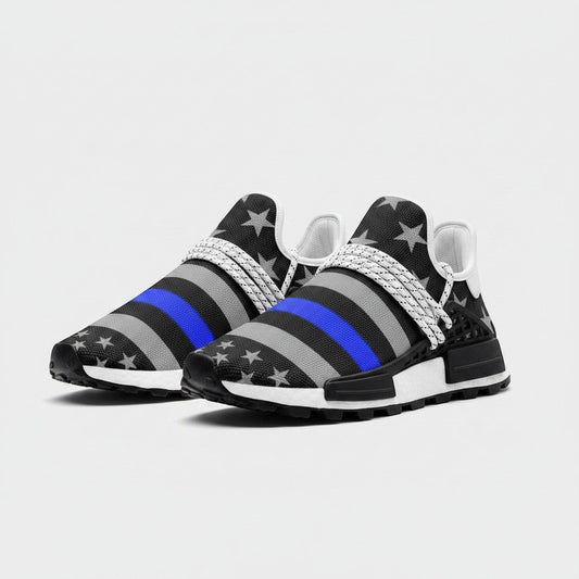 Freaky Shoes® high-top canvas sneakers featuring a Thin Blue Line flag design with stars and a bold blue stripe.