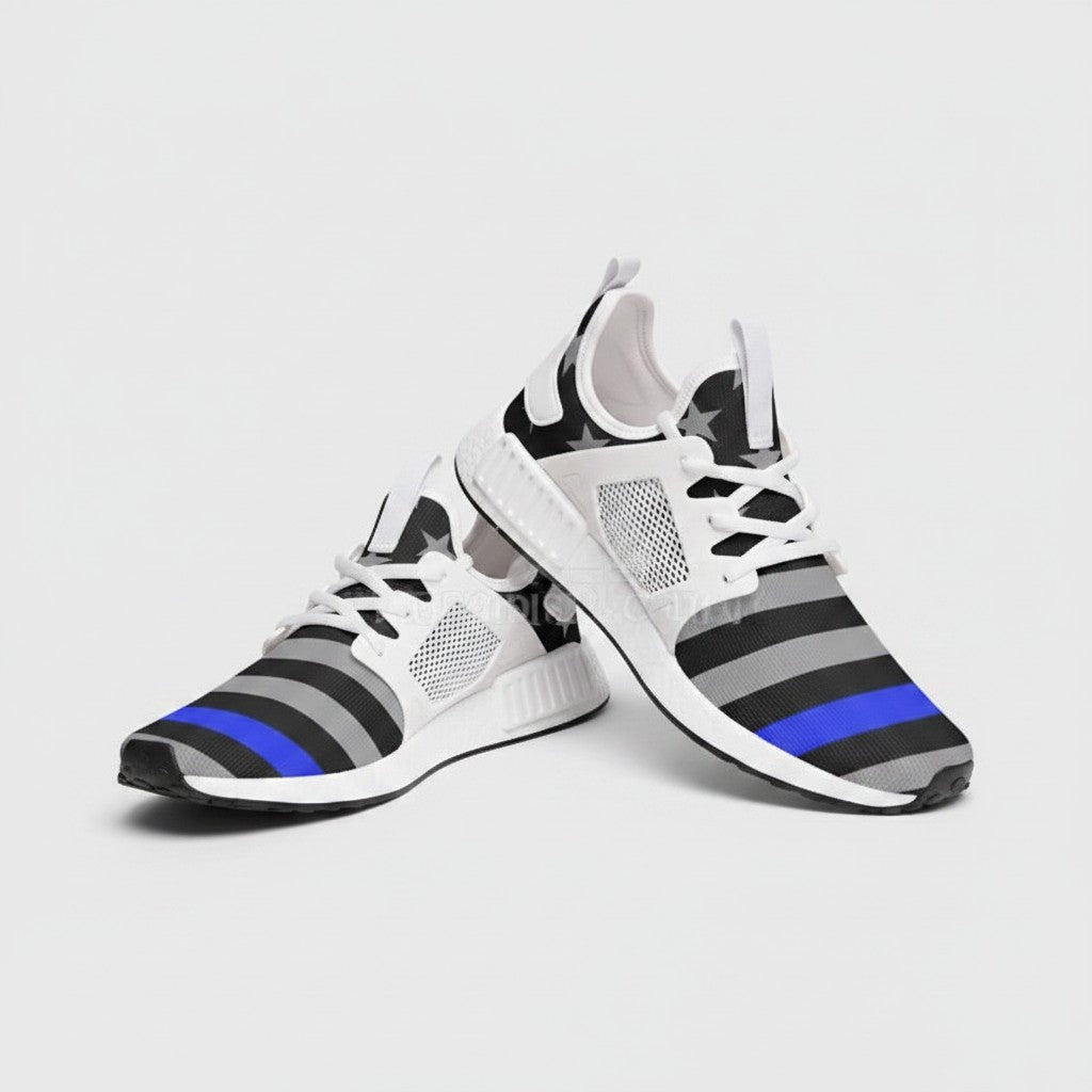 Freaky Shoes® high-top canvas sneakers featuring a Thin Blue Line flag design with grey stripes and a blue accent.