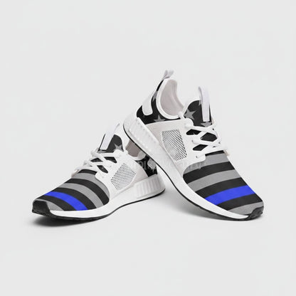 Freaky Shoes® high-top canvas sneakers featuring a Thin Blue Line flag design with grey stripes and a blue accent.