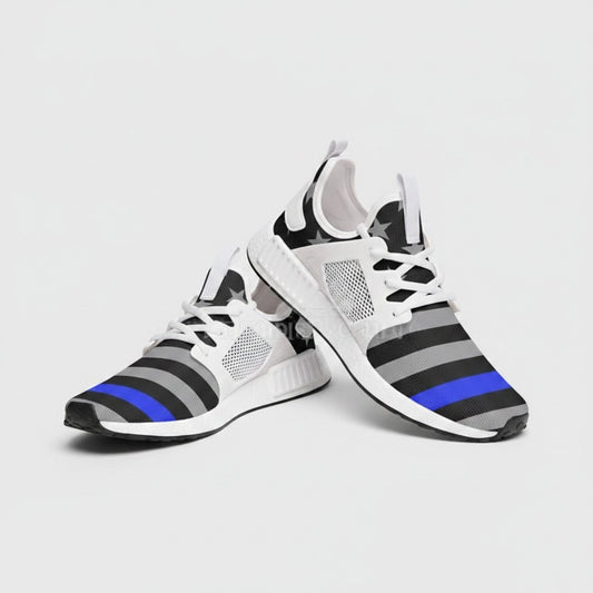 Freaky Shoes® high-top canvas sneakers featuring a Thin Blue Line flag design with grey stripes and a blue accent.