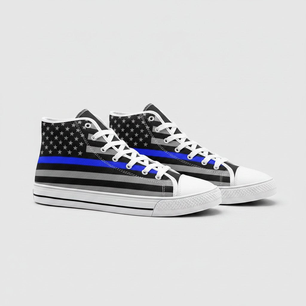 Freaky Shoes® high-top canvas sneakers featuring a black, grey, and blue Thin Blue Line American flag print.