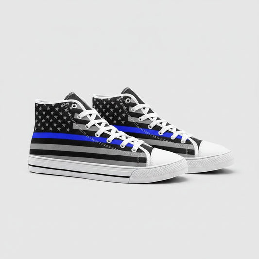 Freaky Shoes® high-top canvas sneakers featuring a black, grey, and blue Thin Blue Line American flag print.