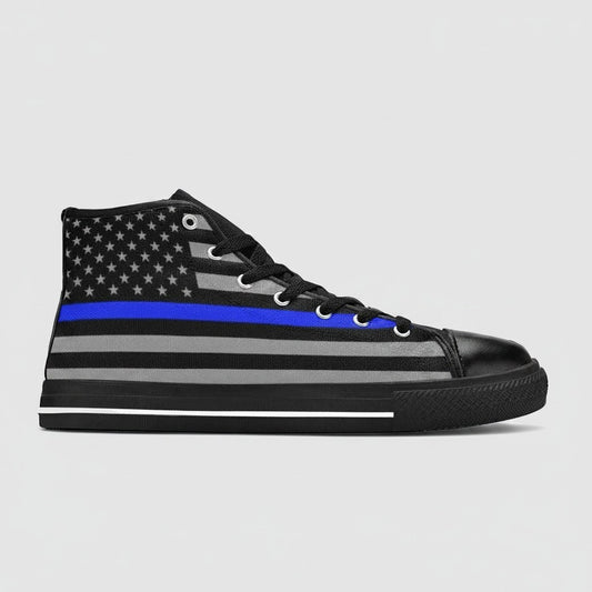 Freaky Shoes® men's high-top canvas sneakers featuring a grey and black American flag design with a thin blue line.