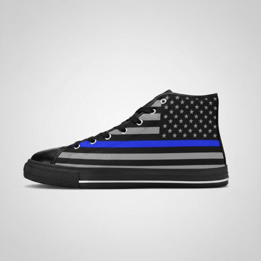 Freaky Shoes® women's high-top canvas sneakers featuring a black and grey American flag print with a thin blue line.