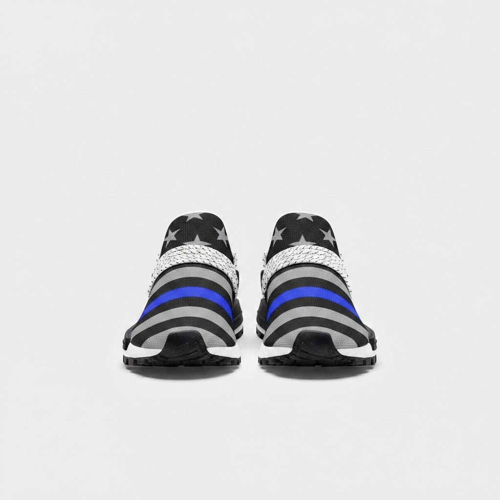 Freaky Shoes® Thin Blue Line flag high-top canvas shoes with star pattern, back view showing EVA sole and lace detail.