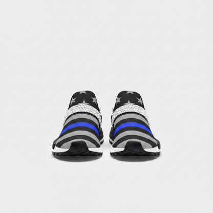 Freaky Shoes® Thin Blue Line flag high-top canvas shoes with star pattern, back view showing EVA sole and lace detail.