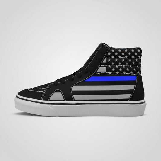 Freaky Shoes® men's high-top canvas skateboarding shoes featuring a black and grey Thin Blue Line flag design.