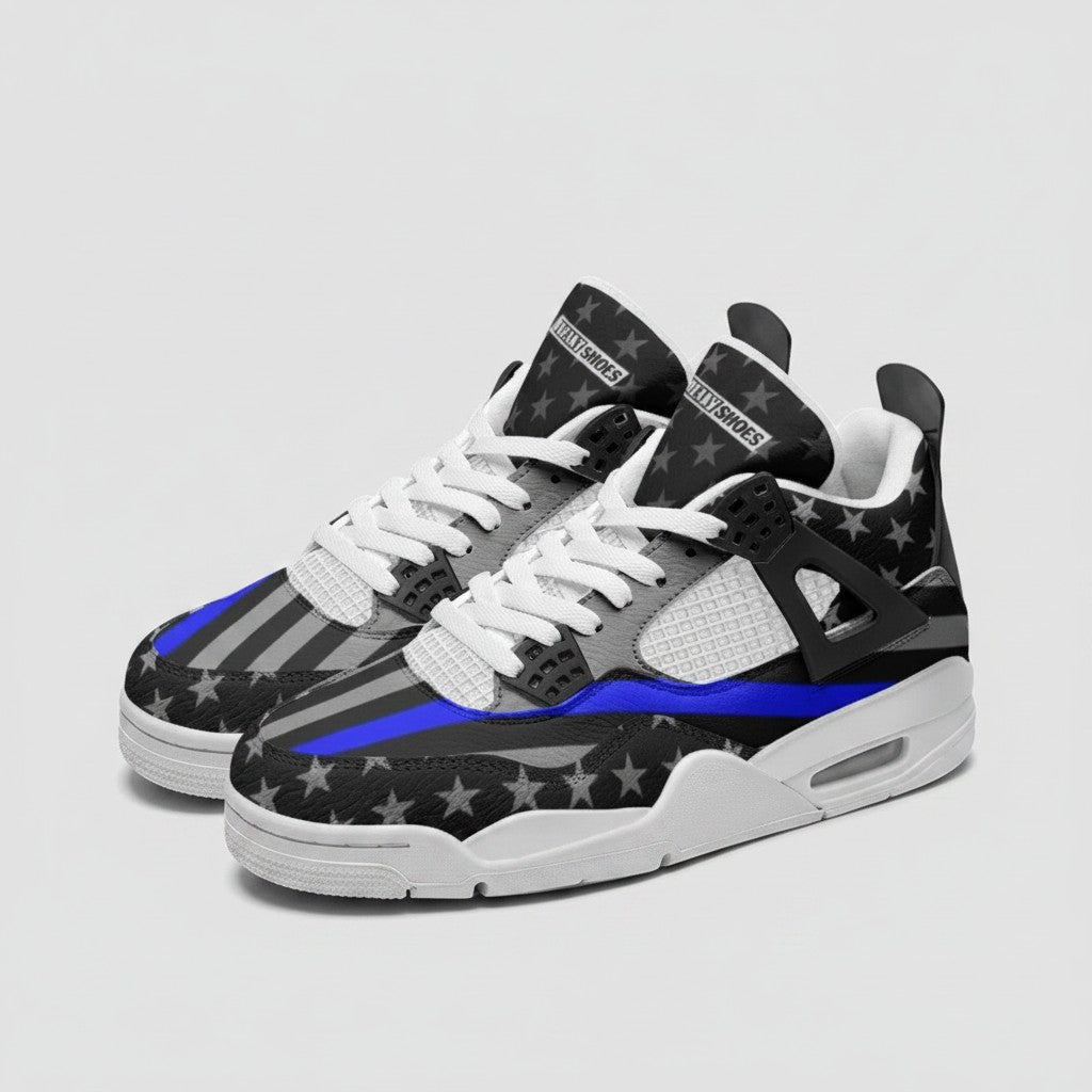 Freaky Shoes® patriotic high-top canvas sneakers featuring a black and grey American flag design with a thin blue line.