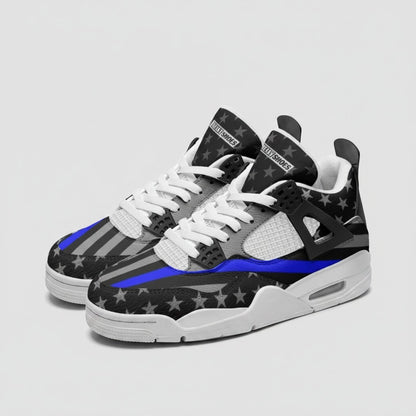 Freaky Shoes® patriotic high-top canvas sneakers featuring a black and grey American flag design with a thin blue line.