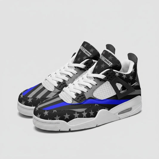 Freaky Shoes® patriotic high-top canvas sneakers featuring a black and grey American flag design with a thin blue line.