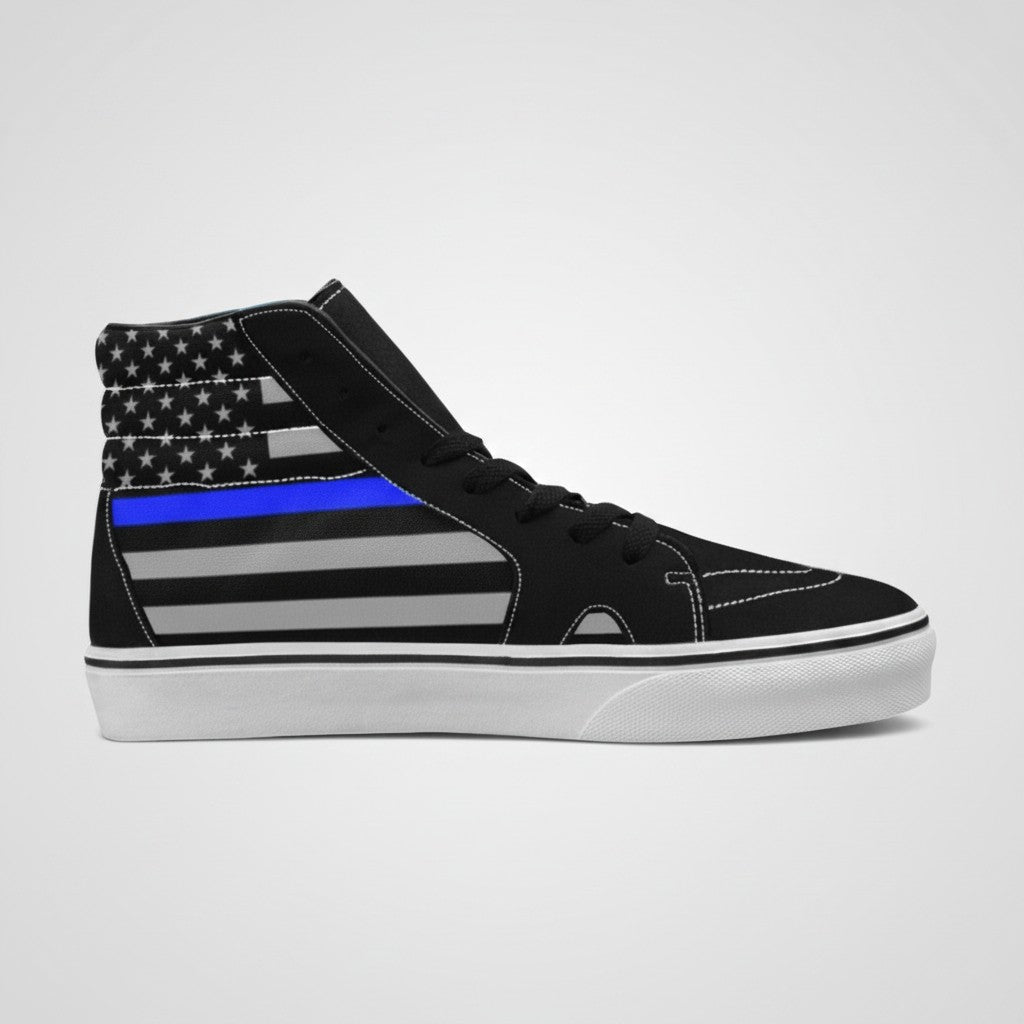 Freaky Shoes® women's high-top canvas skateboarding sneakers featuring a black and grey Thin Blue Line flag print.