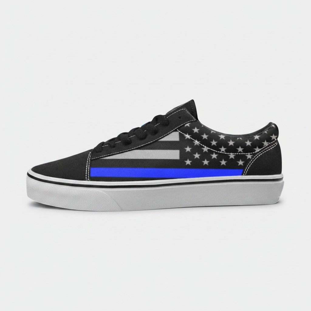 Freaky Shoes® men's low-top canvas skateboarding shoes featuring a black and grey Thin Blue Line American flag print.